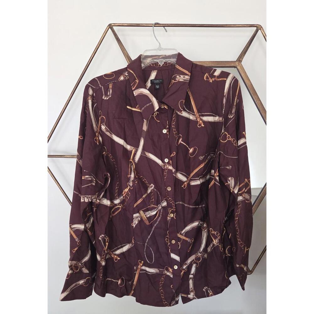 Talbots 100% Silk, Brown and Gold Button Up Blouse, size 16P